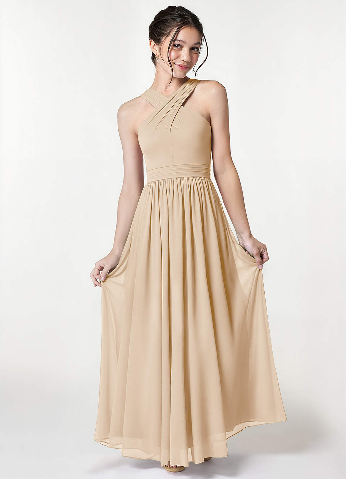 Azazie Jiya Junior Champagne A-Line Pleated Mesh Dress image1