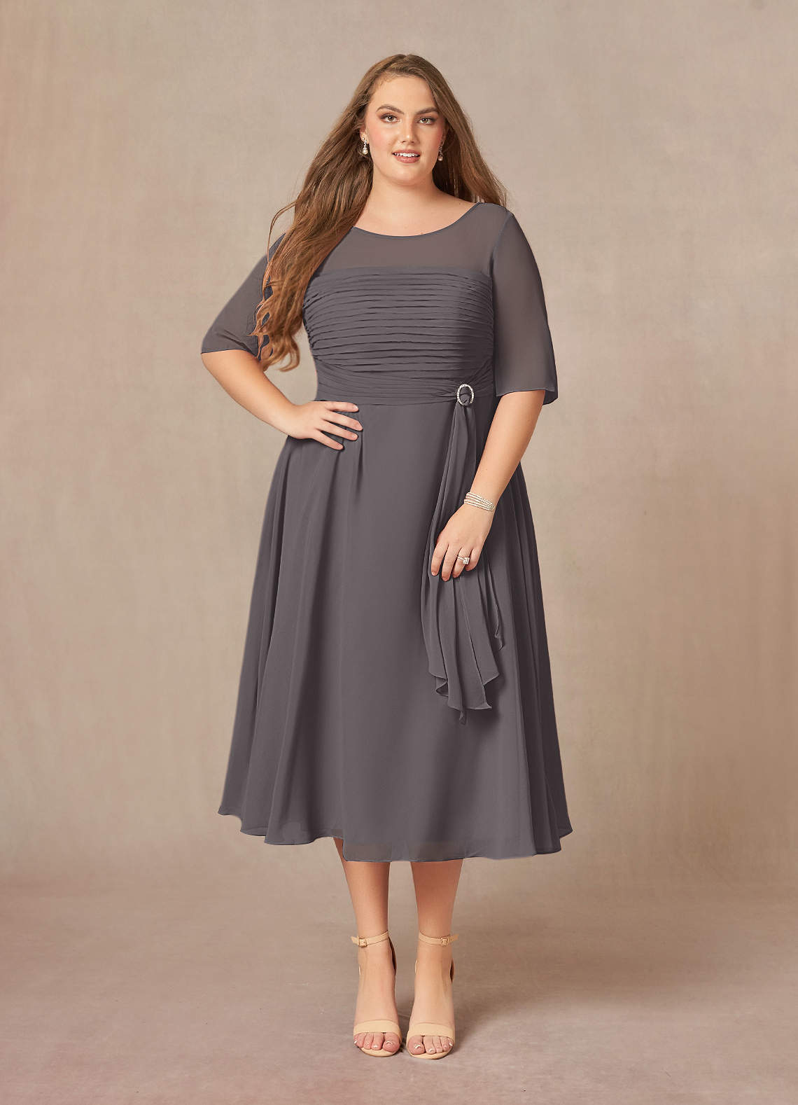 Azazie Naomi Mother of the Bride Dresses Steel Grey A-Line Boatneck Pleated Chiffon Dress image1