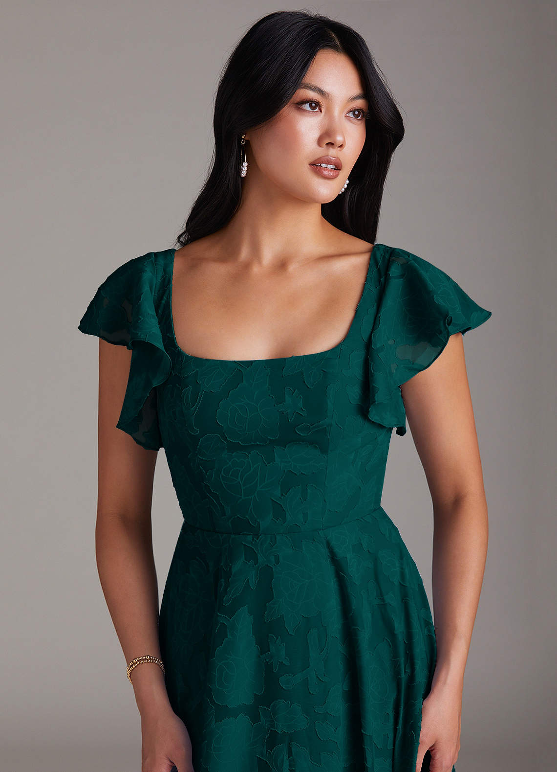 Azazie Bondi Bridesmaid Dresses Pine A-Line Side Slit Floral Burnout Dress image5