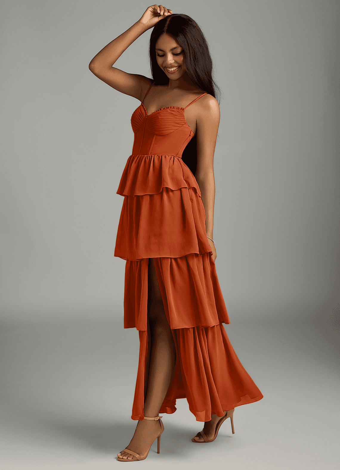 tangerine chiffon bridesmaid dresses Tangerine Bridesmaids Dress Halter A-Line Sleeveless Floor Length Chiffon Bridesmaid Dresses with Slit main image 1