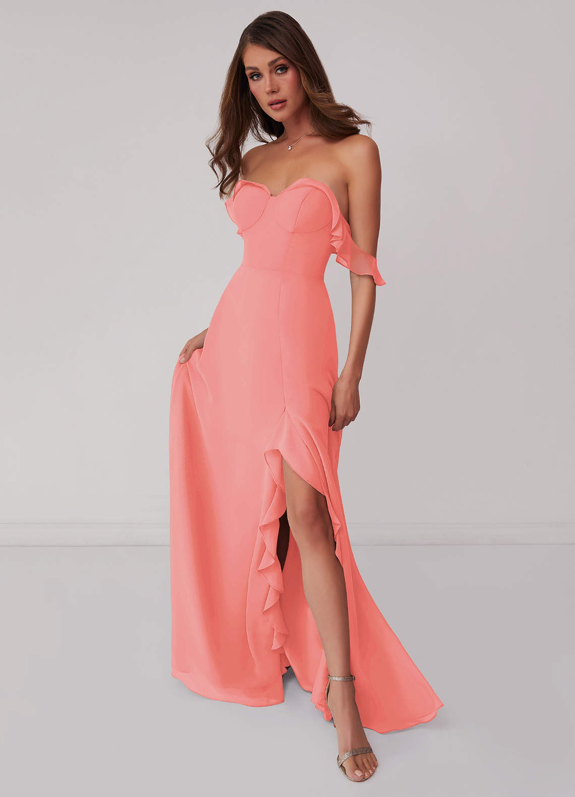 Barbie ♥ Azazie Robes de demoiselle d'honneur Robe Trapèze Convertible en Mousseline de soie Épaule décolletée Corail image1