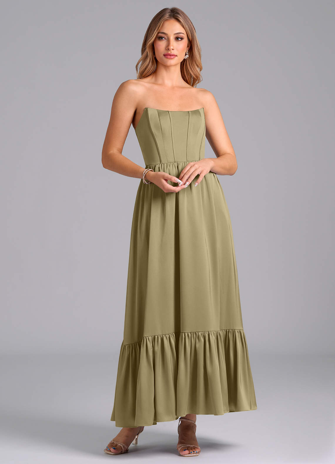 Azazie Leilana Bridesmaid Dresses Moss Green A-Line Corset Stretch Satin Dress image1