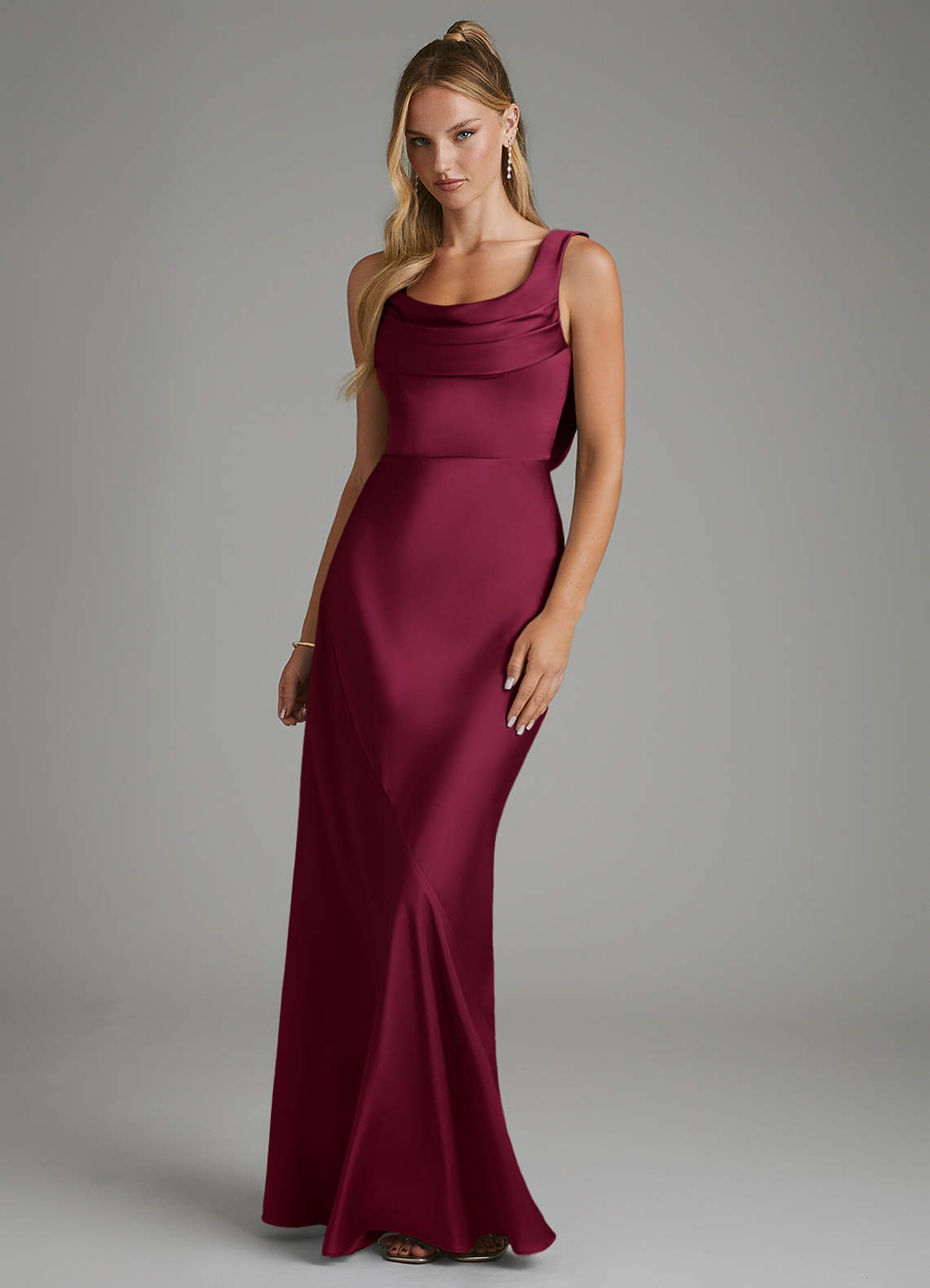 mermaid burgundy bridesmaid dresses Azazie Cowl Neck Floor-Length Stretch Satin V neck 5 x-sibling-handle:moondance-v-maxi-dress-black tiffany blue evening dress Color:Metallic