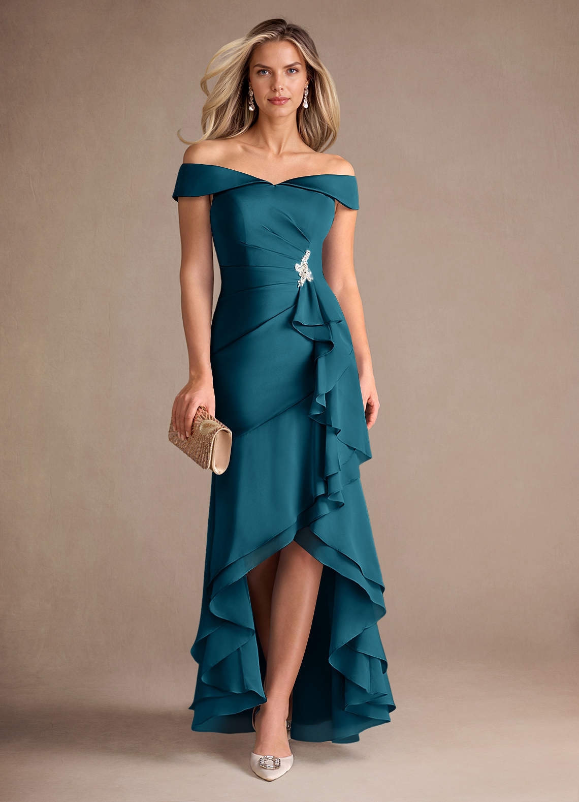 Azazie Billings Mother of the Bride Dresses Ink Blue Mermaid Off the Shoulder Stretch Satin Dress image1