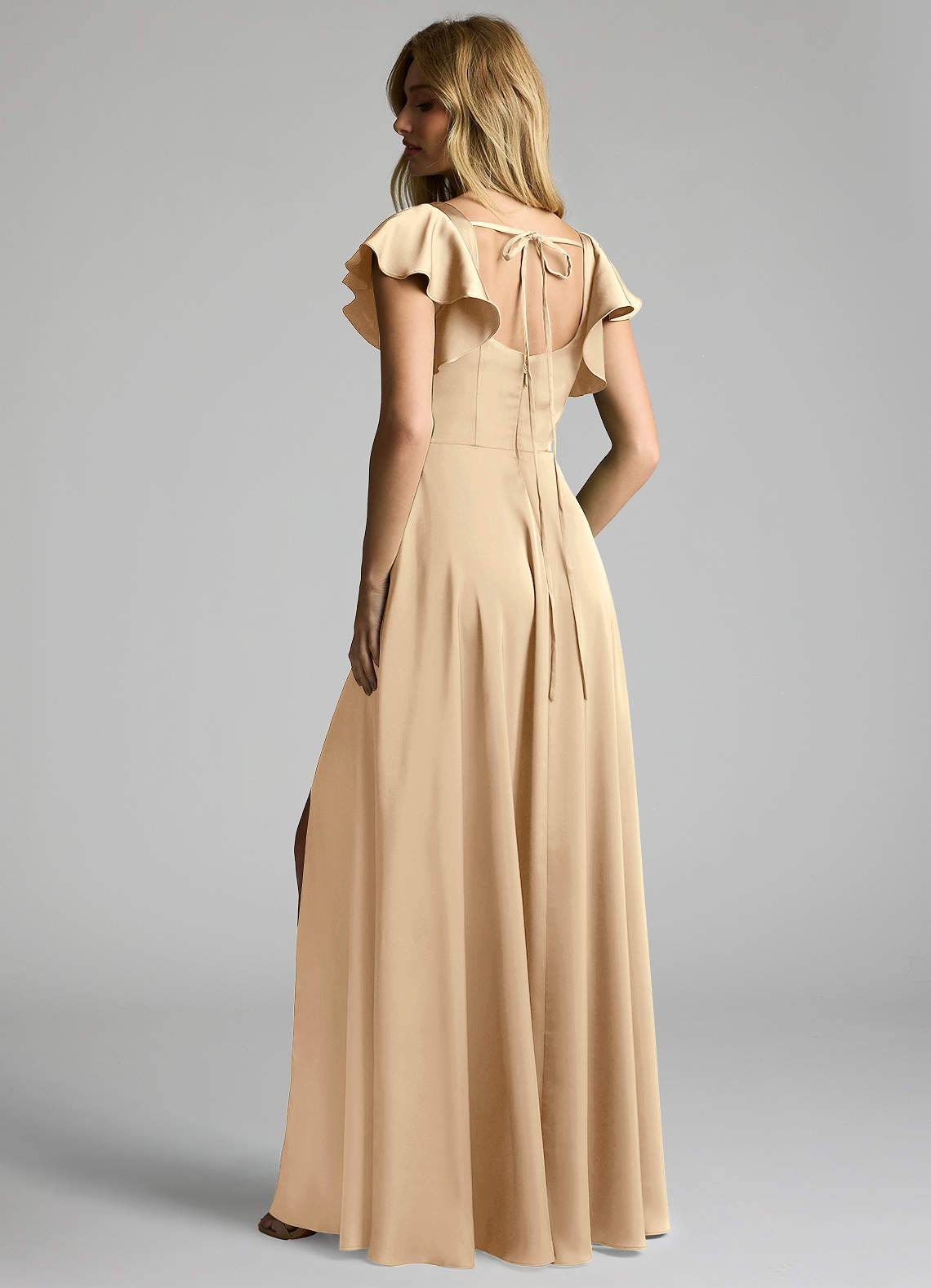 Azazie Bondi Bridesmaid Dresses Champagne A-Line Bow Stretch Satin Dress image1