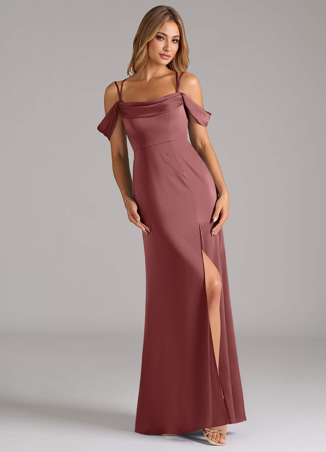 Azazie Callan Bridesmaid Dresses Amethyst A-Line Pleated Stretch Satin Convertible Dress image1