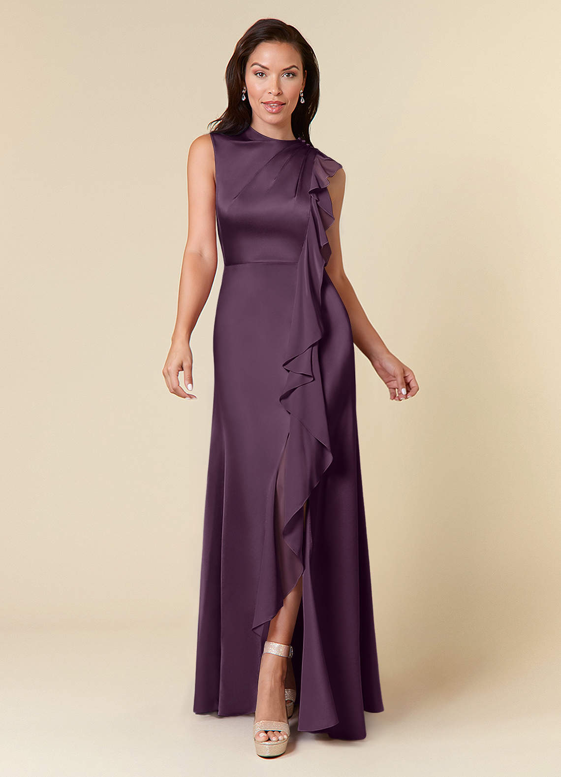 Azazie Narine Mother of the Bride Dresses Plum A-Line High Neckline Pleated Stretch Satin Dress image2