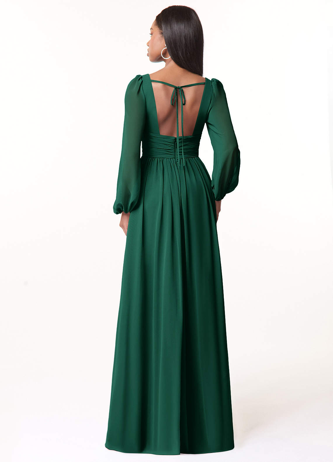 Azazie Norah At-home Try On Dresses Emerald A-Line V-Neck Long Sleeve Chiffon Dress image1