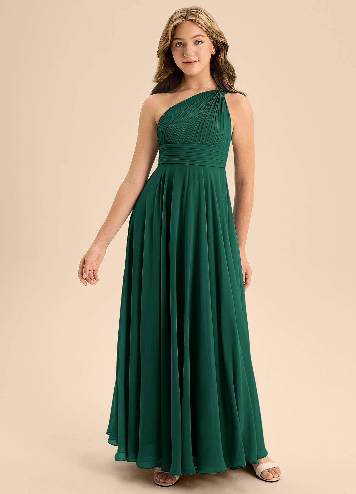 Azazie Charlize Junior Emerald A-Line Pleated Chiffon Dress image2