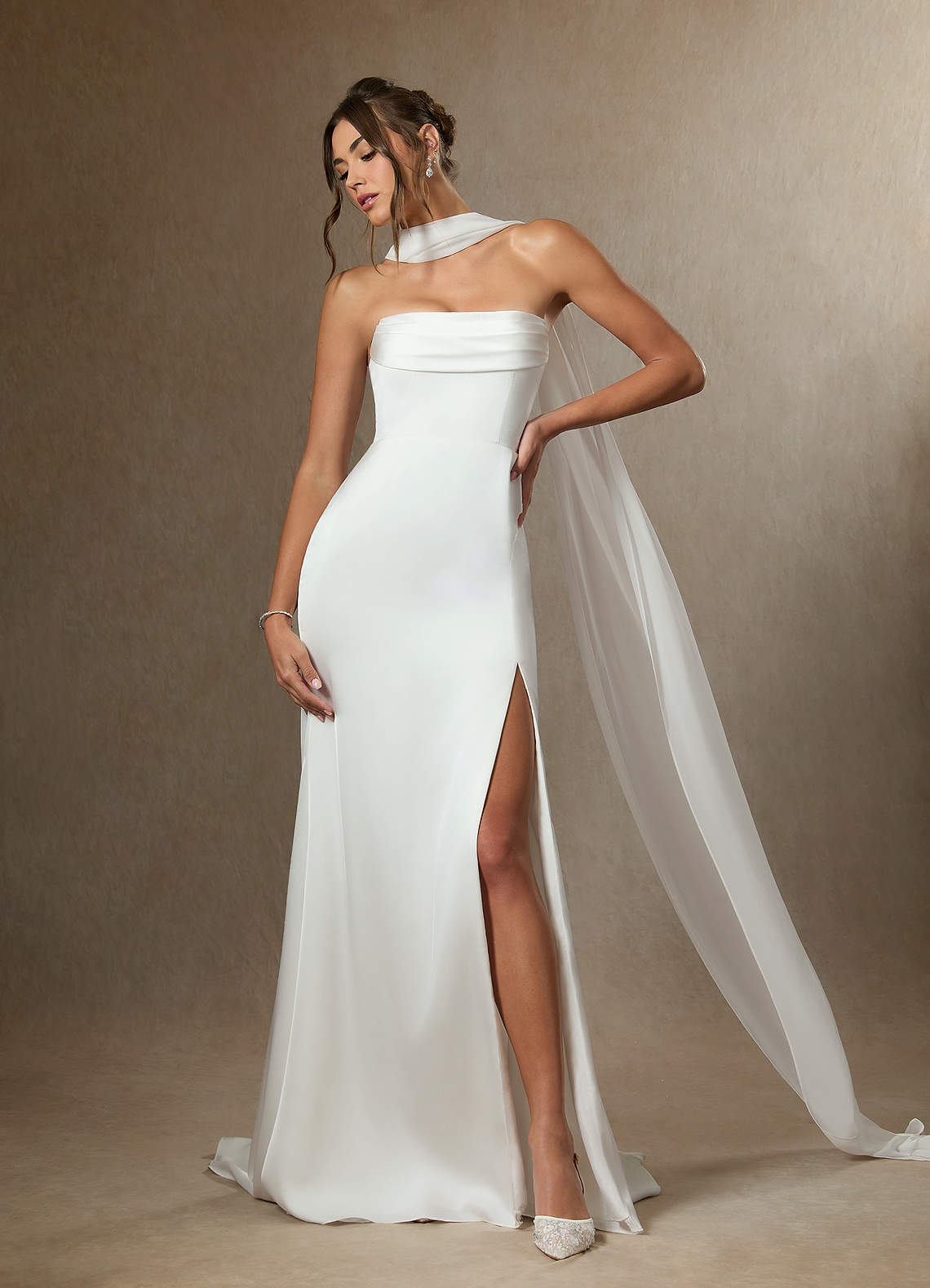 Azazie Blithe Wedding Dresses Diamond White Sheath Side Slit Stretch Satin Dress image3