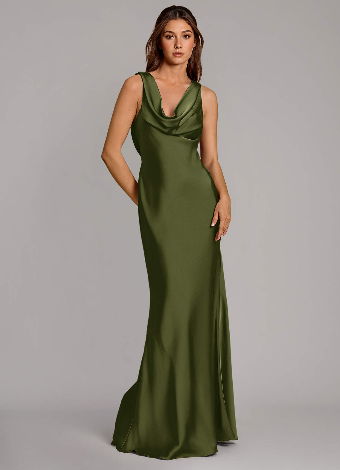 Azazie Cheryl Vestidos de damas de honor Vestido de Oliva de Satén Elástico de Corte Sirena image4