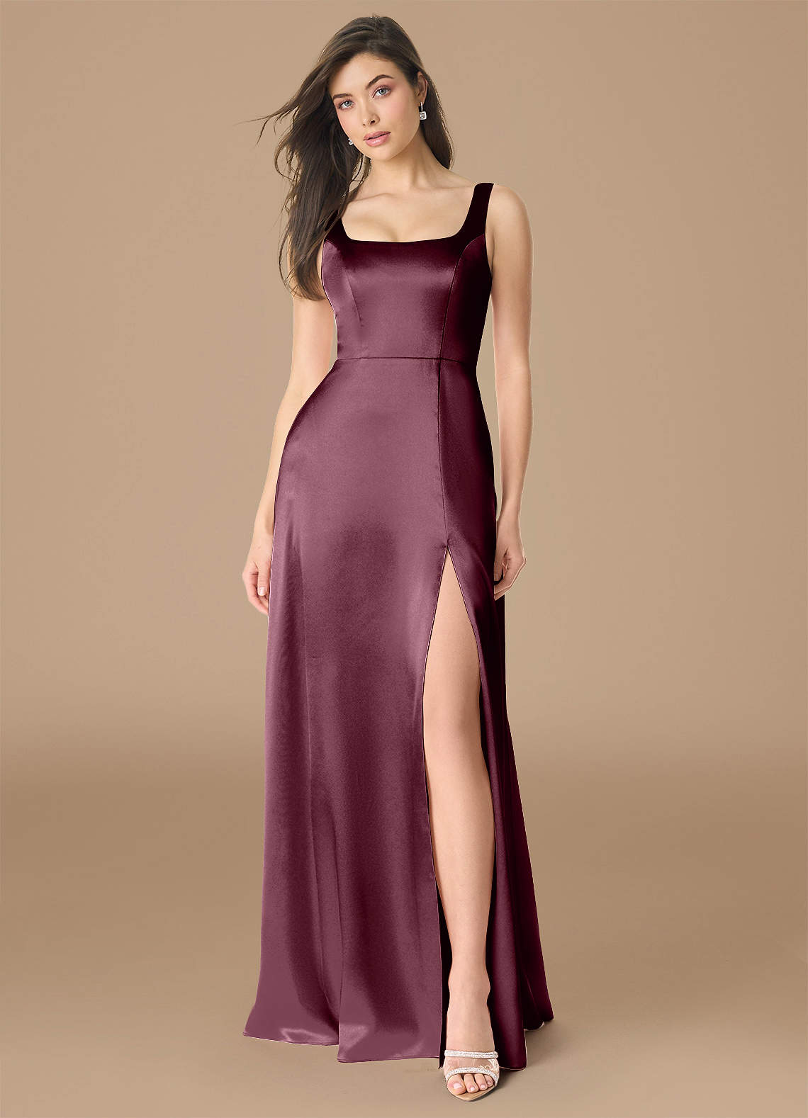 Azazie Joyce Bridesmaid Dresses Cabernet A-Line Side Slit Metallic Satin Dress image1
