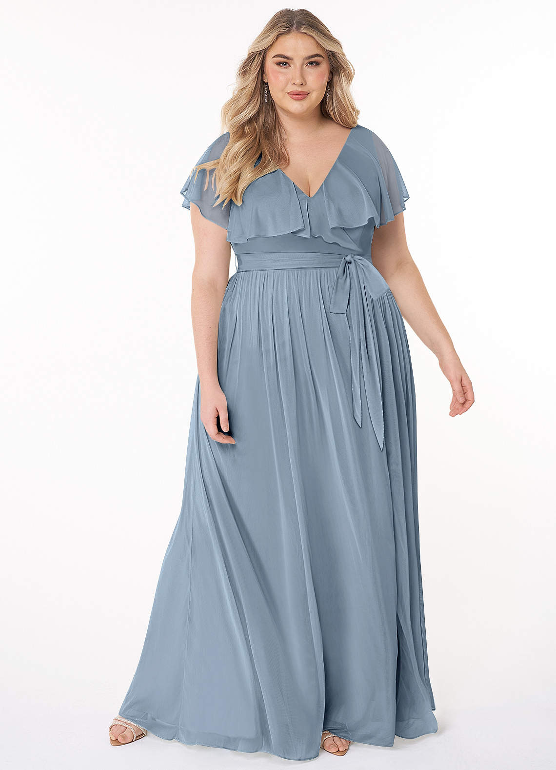 Azazie Jael Bridesmaid Dresses Dusty Blue A-Line V-Neck Mesh Dress image1