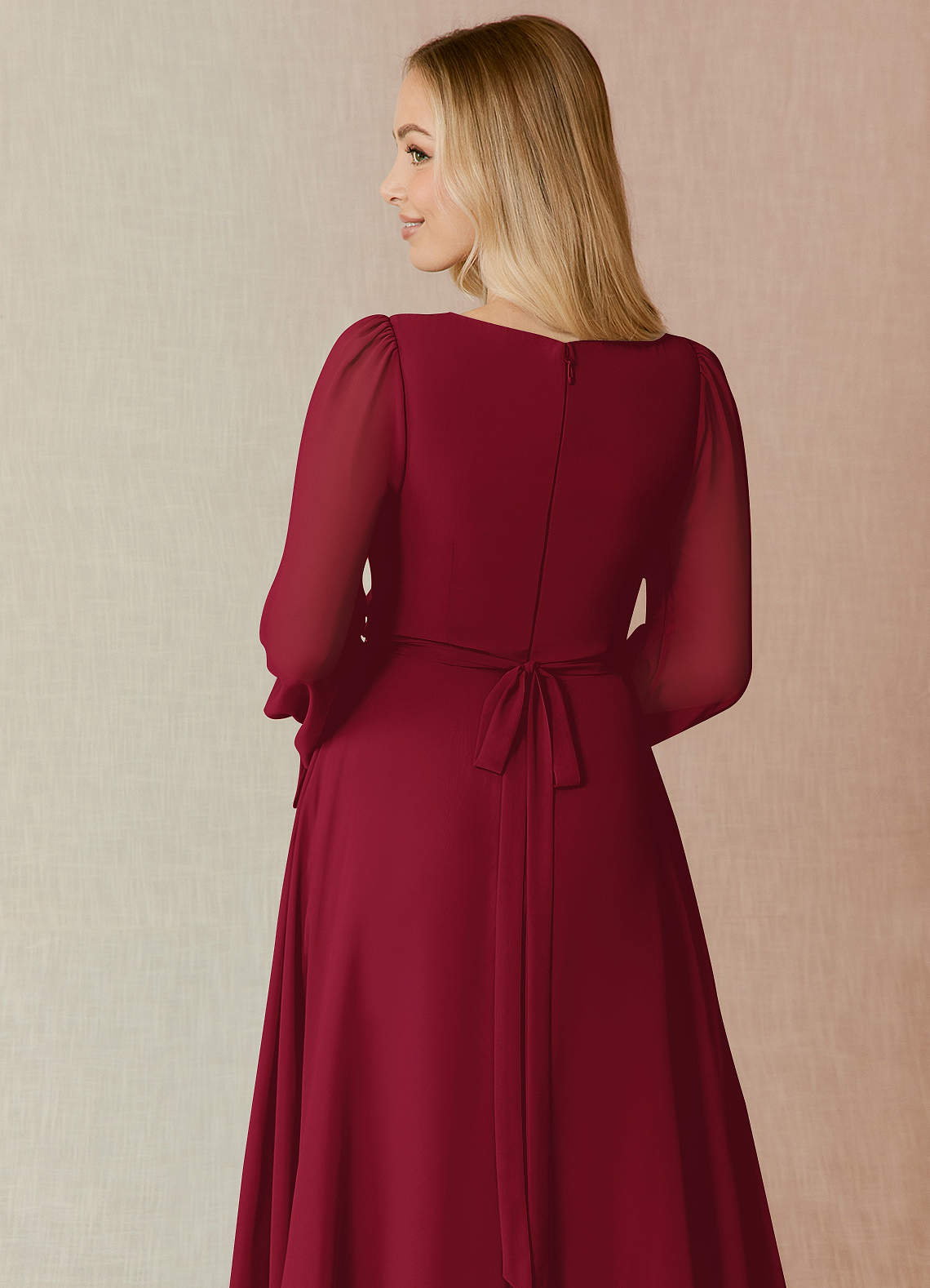 Azazie Leonia Bridesmaid Dresses Burgundy A-Line Long Sleeve Chiffon Dress image6