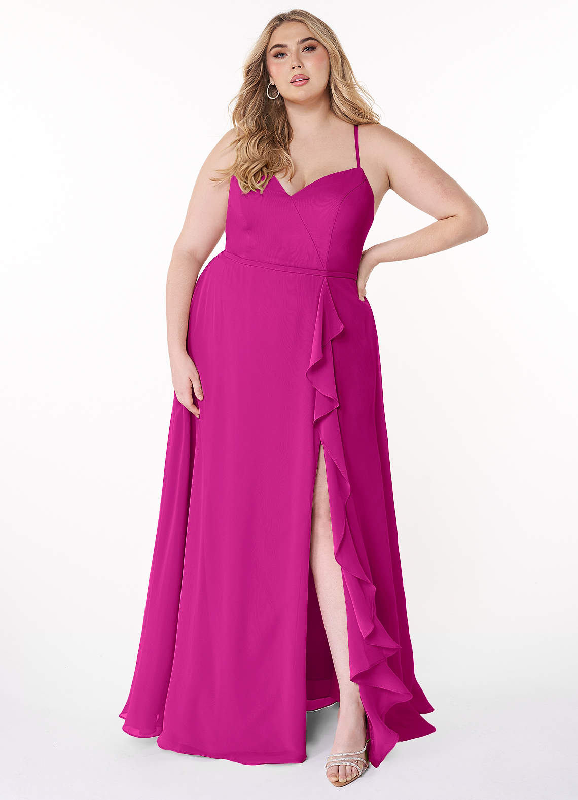 Azazie Naeem Bridesmaid Dresses Fuchsia A-Line V-Neck Ruffle Chiffon Dress image1