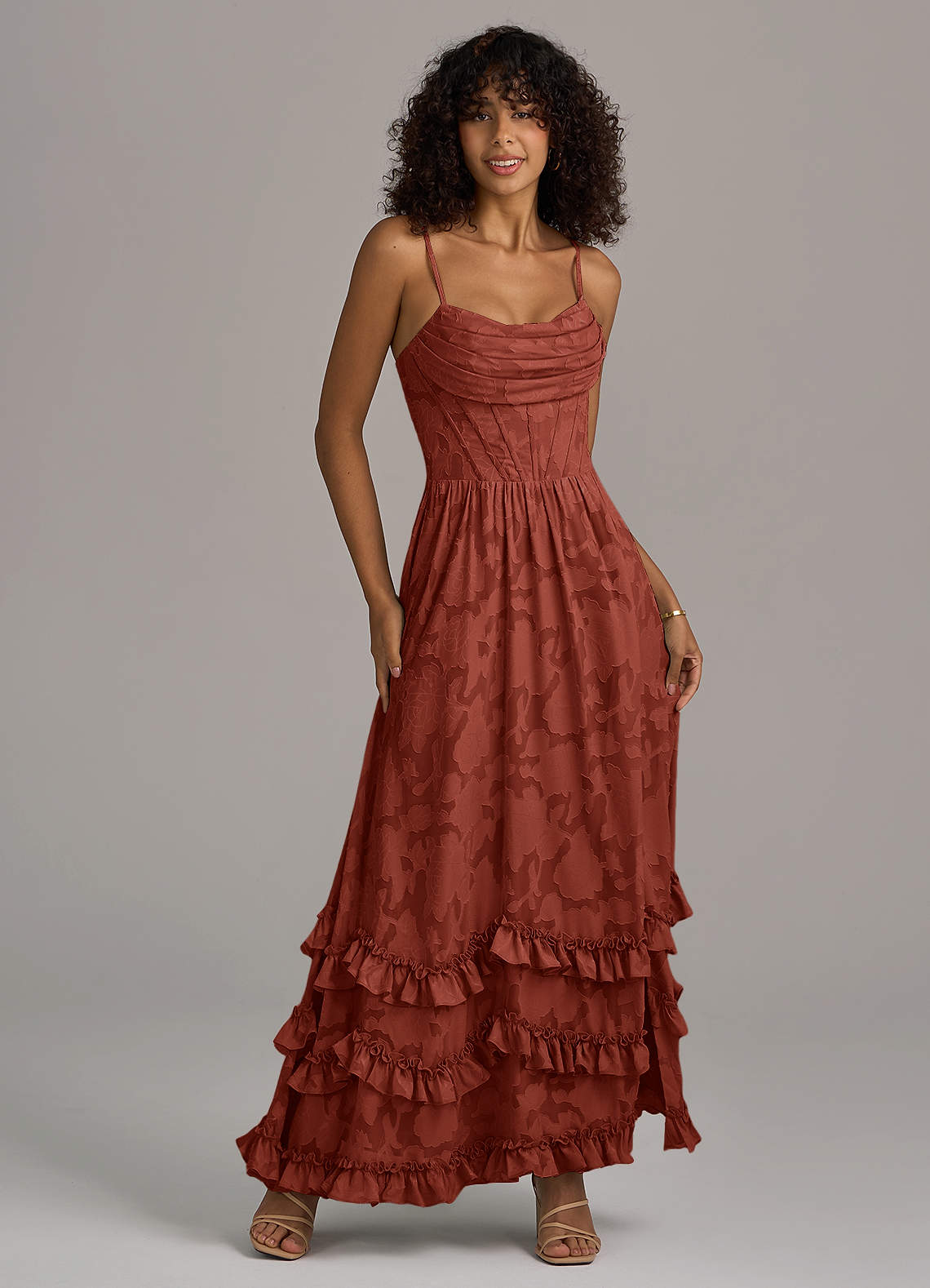 Azazie Lettie Vestidos de damas de honor Vestido de Terracota de Devorado Floral de Corte en A con Corsé image1