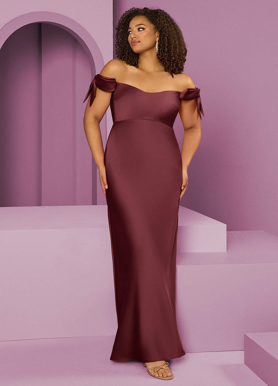Barbie ♥ Azazie Bridesmaid Dresses Merlot Sheath Off the Shoulder Stretch Satin Convertible Dress image1