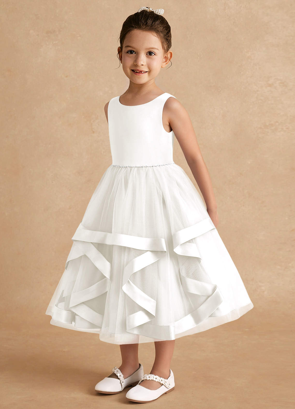 Azazie Posy Blumenmädchenkleider A-Linie Mit Perlen Tüll Kleid Elfenbein image2