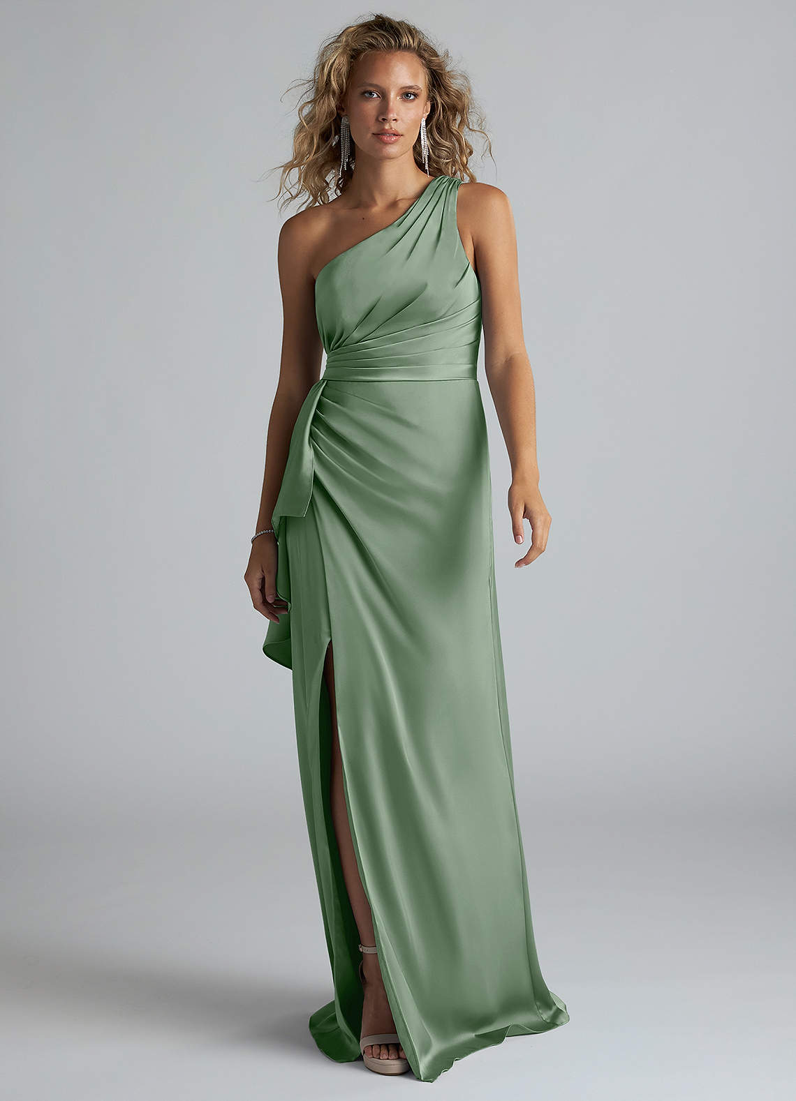 Azazie Maive Bridesmaid Dresses Matcha Sheath Ruched Stretch Satin Dress image1