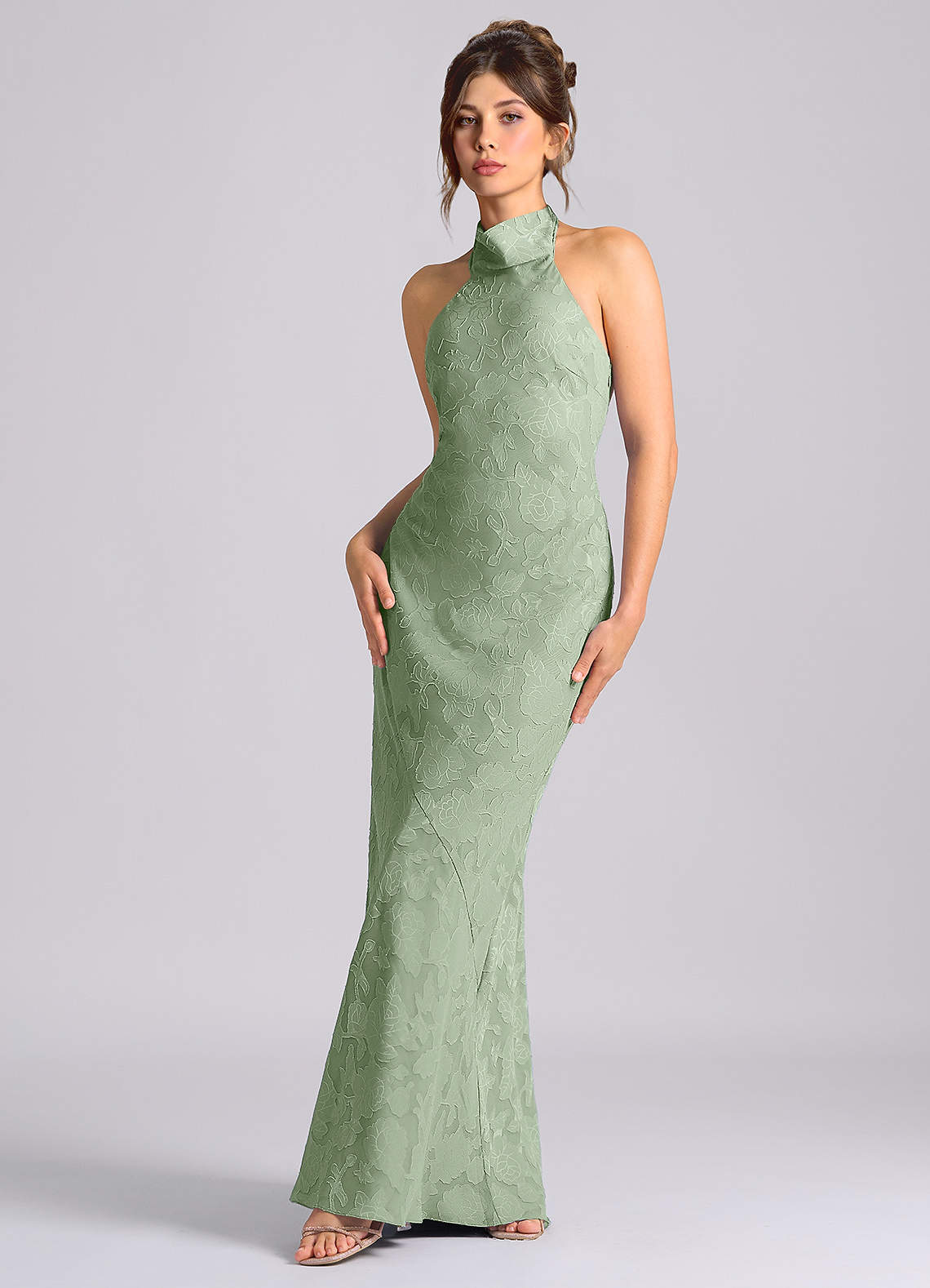 Azazie Mermaid Halter Neck Floor-Length Floral Burnout Bridesmaid Dresses - Dusty Sage Azazie Mermaid Halter Neck Floor-Length Floral Burnout Bridesmaid Dresses - Dusty Sage