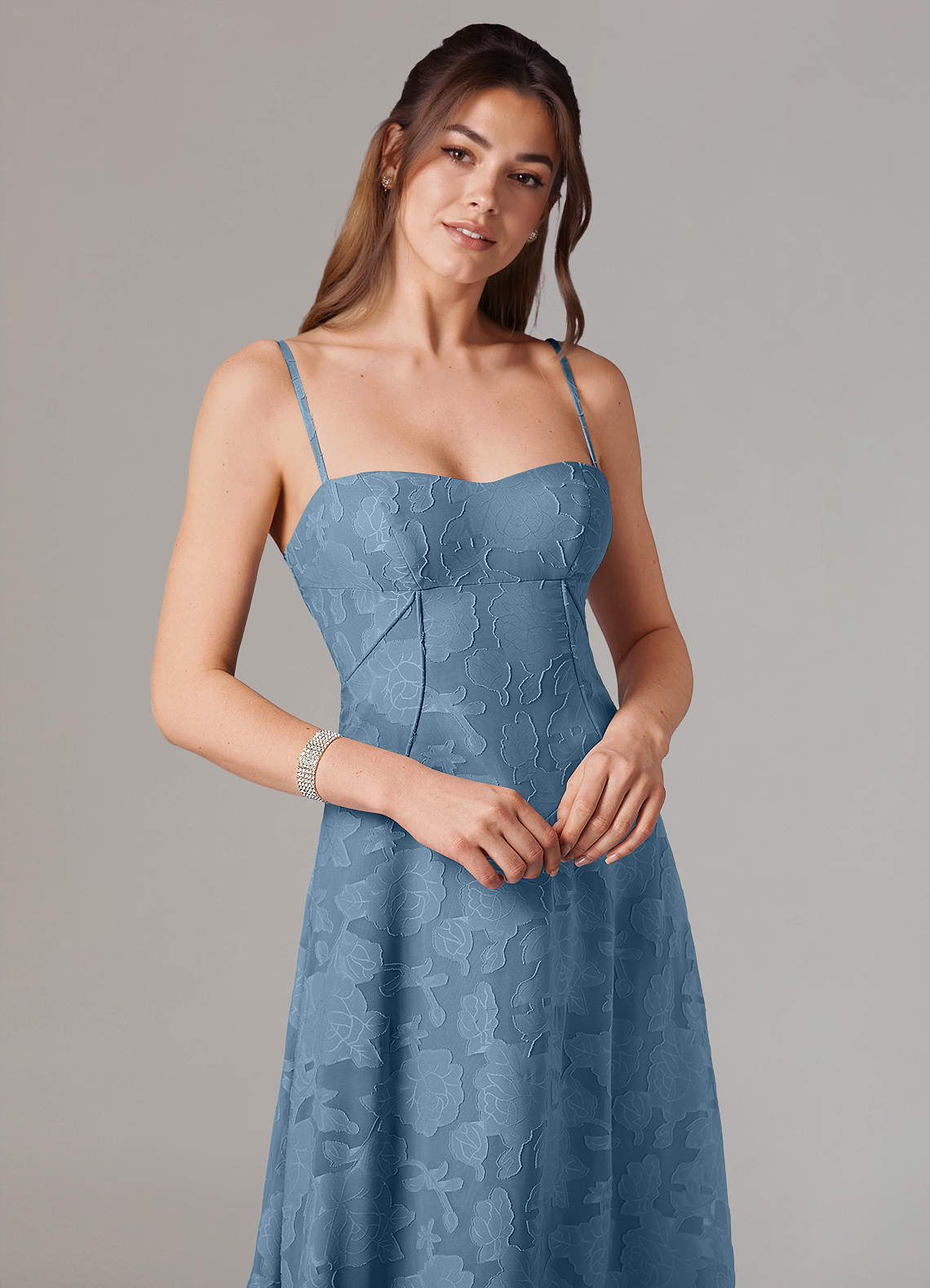 Azazie Valentine Bridesmaid Dresses Steel Blue A-Line Sweetheart Neckline Floral Burnout Dress image1
