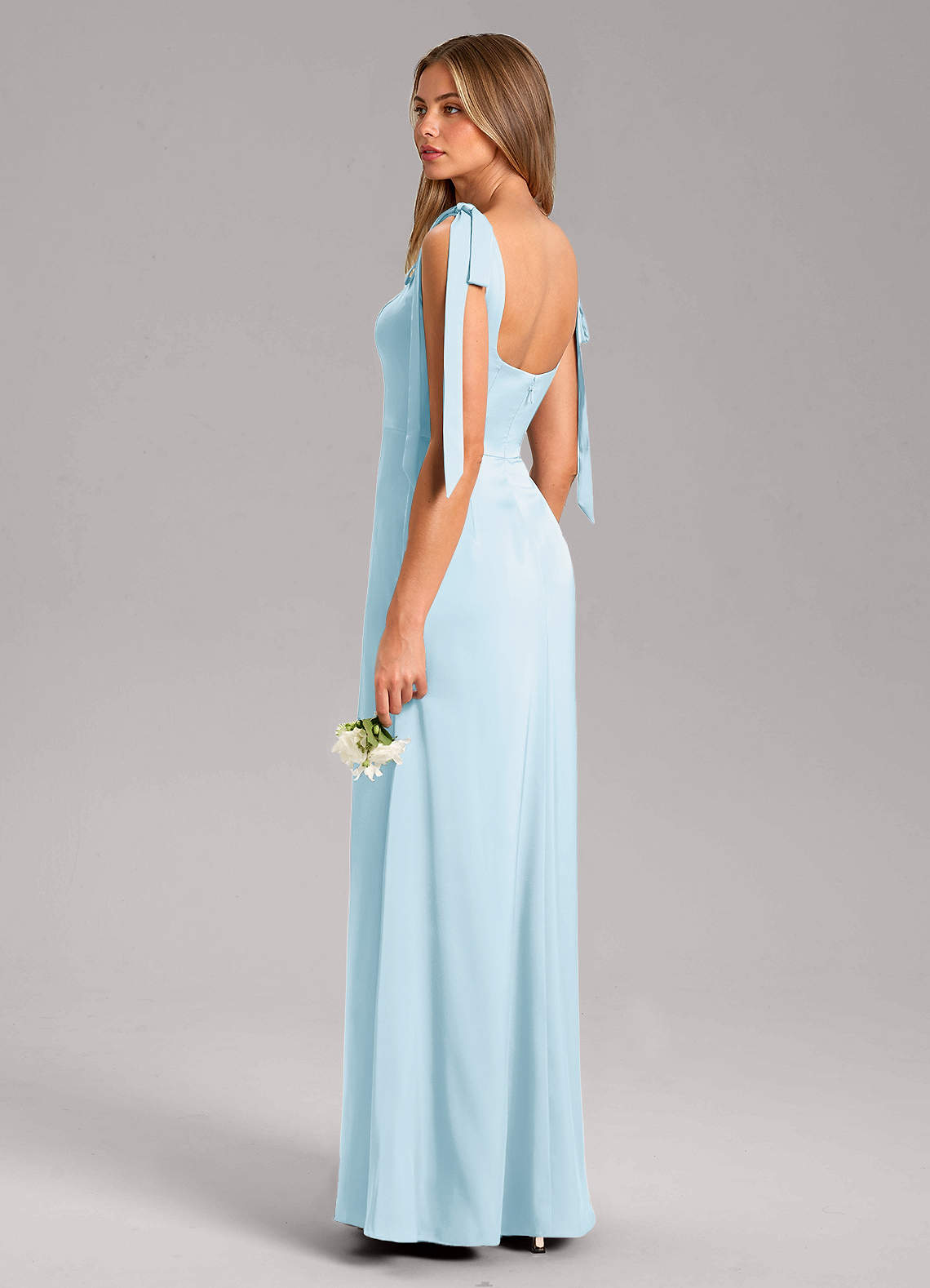 Azazie Frostine Bridesmaid Dresses Sky Blue A-Line Bow Stretch Satin Dress image5