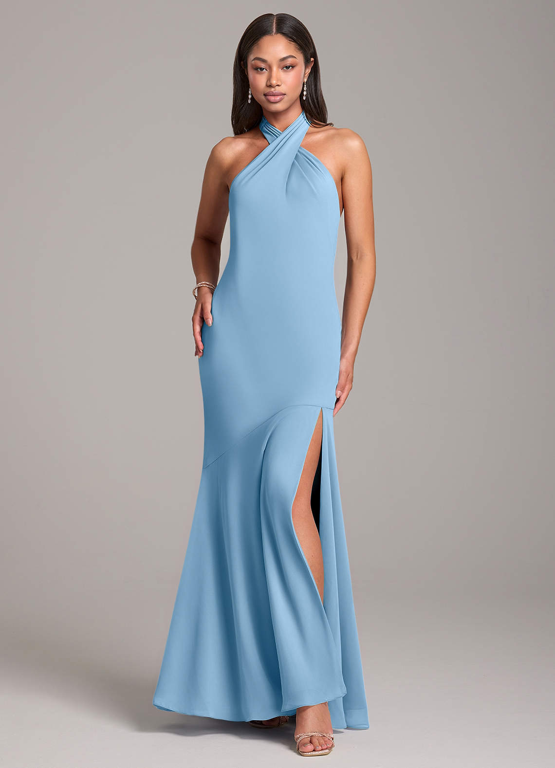Azazie Lorena Bridesmaid Dresses Steel Blue Mermaid Pleated Chiffon Dress image1