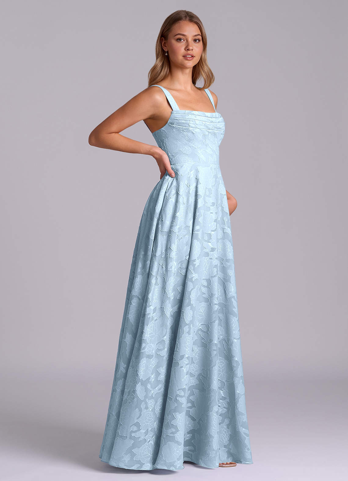 Azazie Shaude Bridesmaid Dresses Sky Blue A-Line Pleated Floral Burnout Dress image6