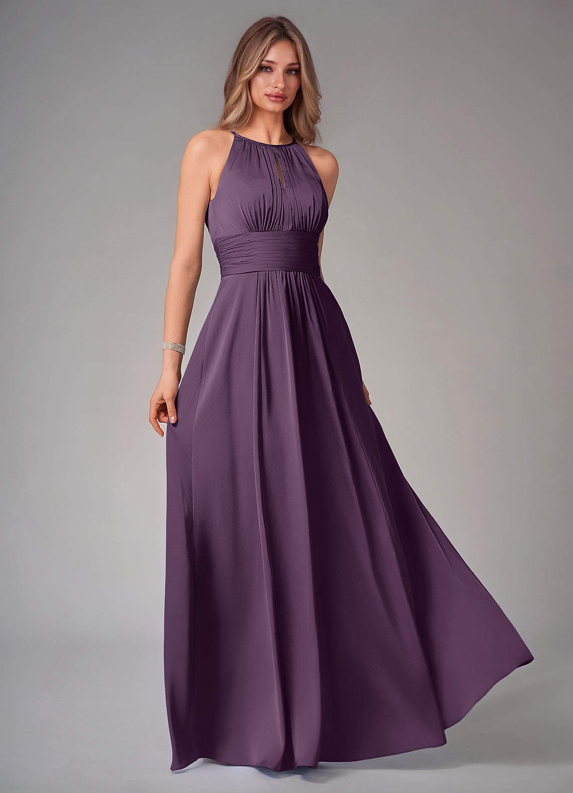 Azazie Bonnie Bridesmaid Dresses Plum A-Line Pleated Stretch Satin Dress image1