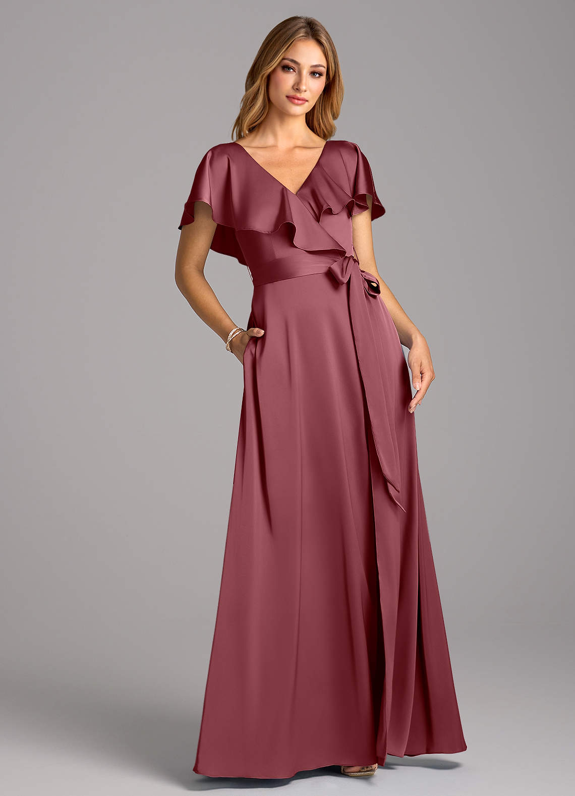 Azazie A-Line V-Neck Floor-Length Stretch Satin Bridesmaid Dresses - Desert Rose