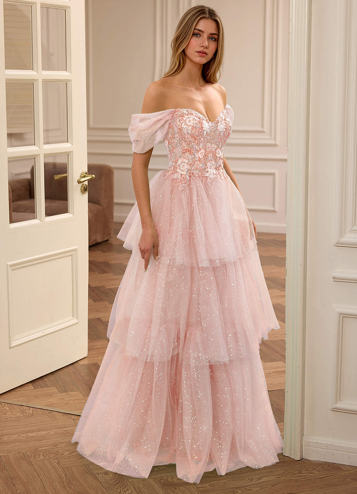 off the shoulder prom dress lace Silver Princess A Line Off the Shoulder Corset Prom Dress with Lace Ruffles, Silver / 2