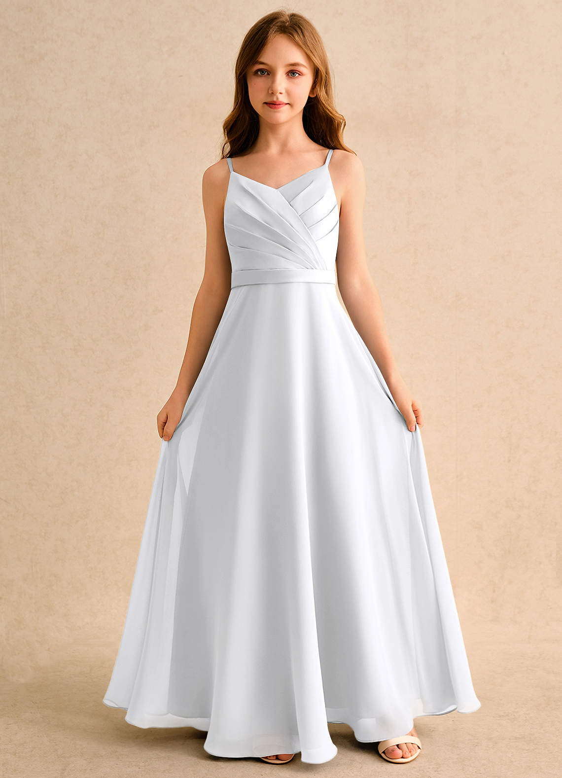 girls white bridesmaid dress Azazie Umina Formal A-Line Pleated Matte Satin Lining 100% Polyester.