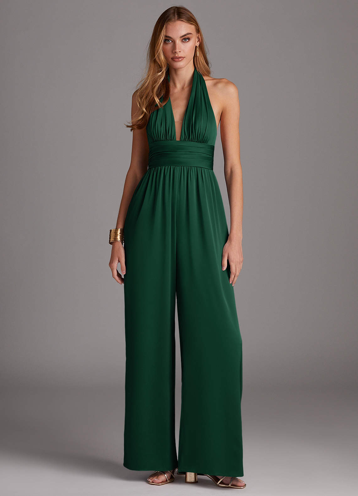 Azazie Oli Stretch Satin Jumpsuit Ready to Ship Dark Green