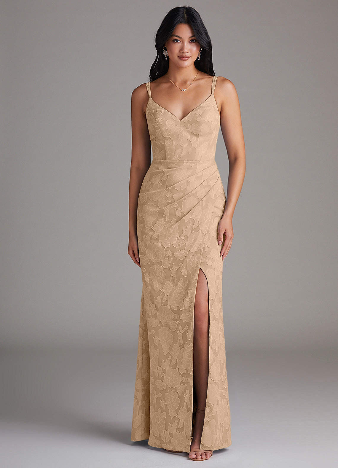 Azazie Leo Bridesmaid Dresses Champagne Sheath Pleated Floral Burnout Dress image1