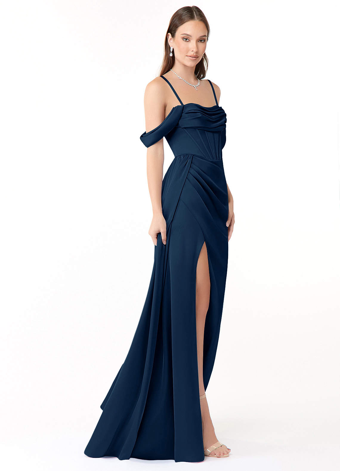 Azazie Amyra Bridesmaid Dresses Dark Navy Mermaid Off the Shoulder Stretch Satin Convertible Dress image6
