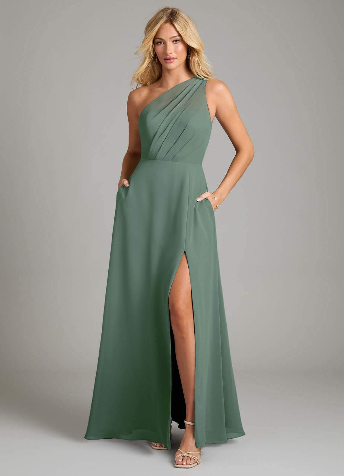 Azazie Phaedra Bridesmaid Dresses Eucalyptus A-Line One Shoulder Chiffon Dress image2