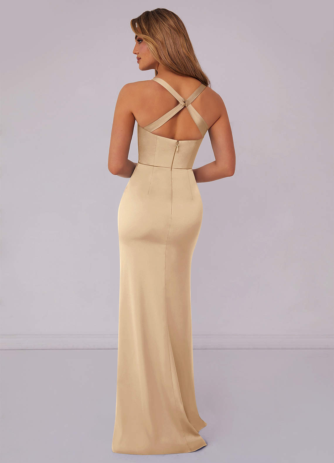 Barbie ♥ Azazie Bridesmaid Dresses Champagne Mermaid Pleated Stretch Satin Dress image1