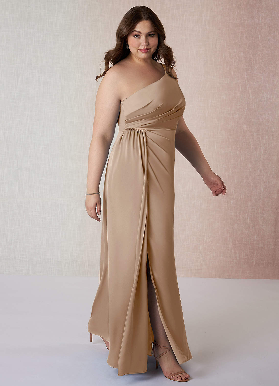 Azazie Mika Ready to Ship Taupe Stretch Satin Bridesmaid Dresses | Azazie