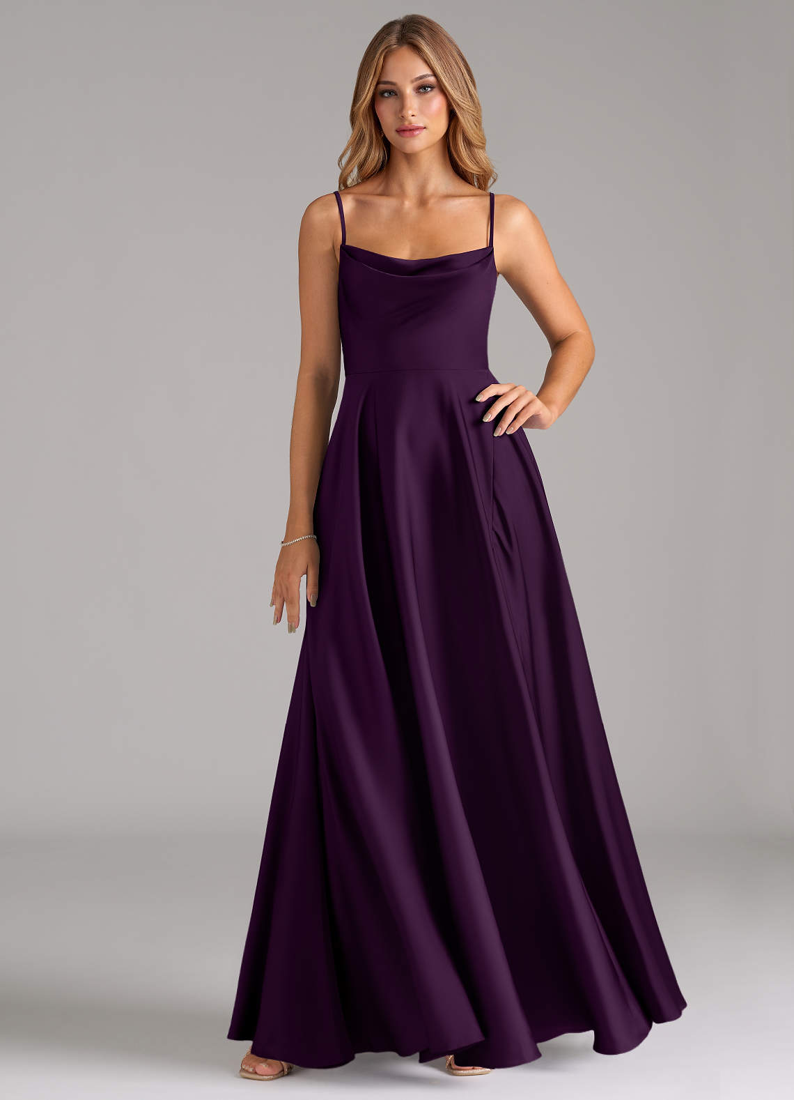 Azazie Elle Bridesmaid Dresses Grape A-Line Pleated Stretch Satin Dress image1