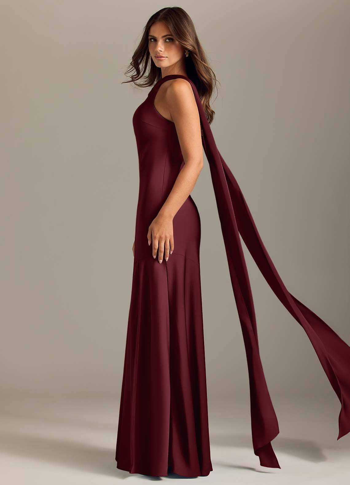 Azazie Mermaid Halter Neck Floor-Length Stretch Satin Bridesmaid Dresses - Cabernet