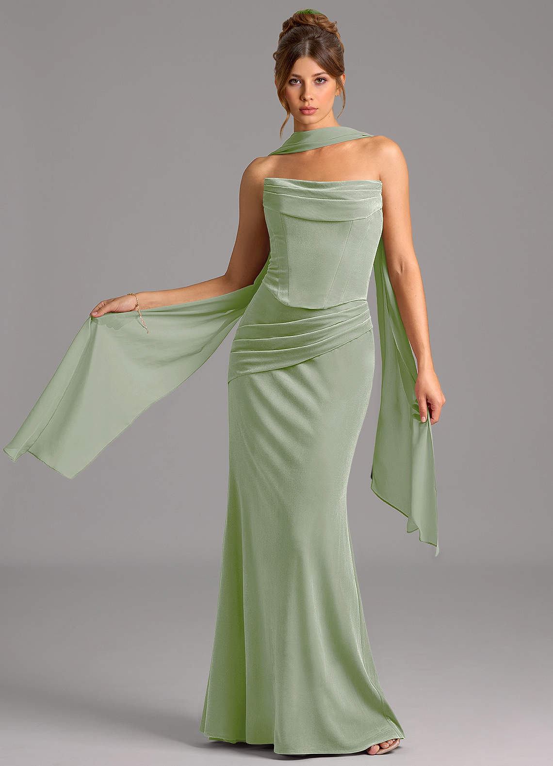Azazie Sorrel Bridesmaid Dresses Dusty Sage Mermaid Corset Velvet Convertible Dress image1