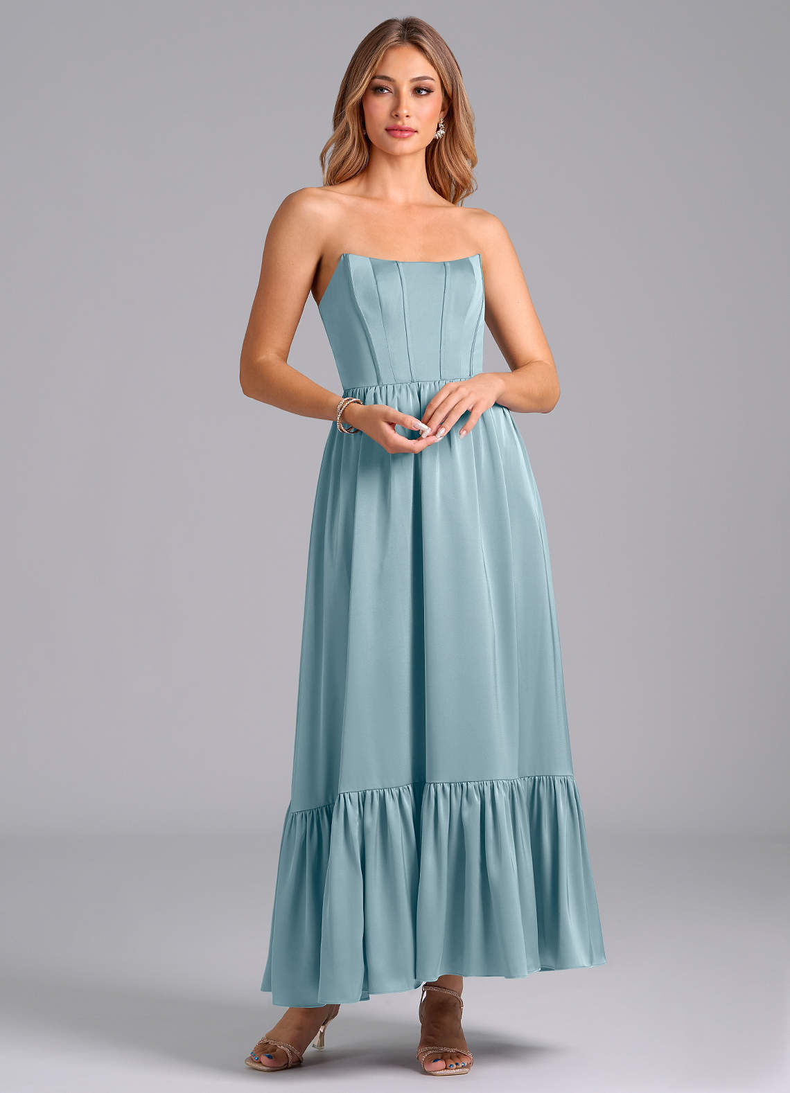 Azazie Leilana Brautjungfernkleider A-Linie Korsett Stretch-Satin Kleid Stimmungsvolles Blau image1