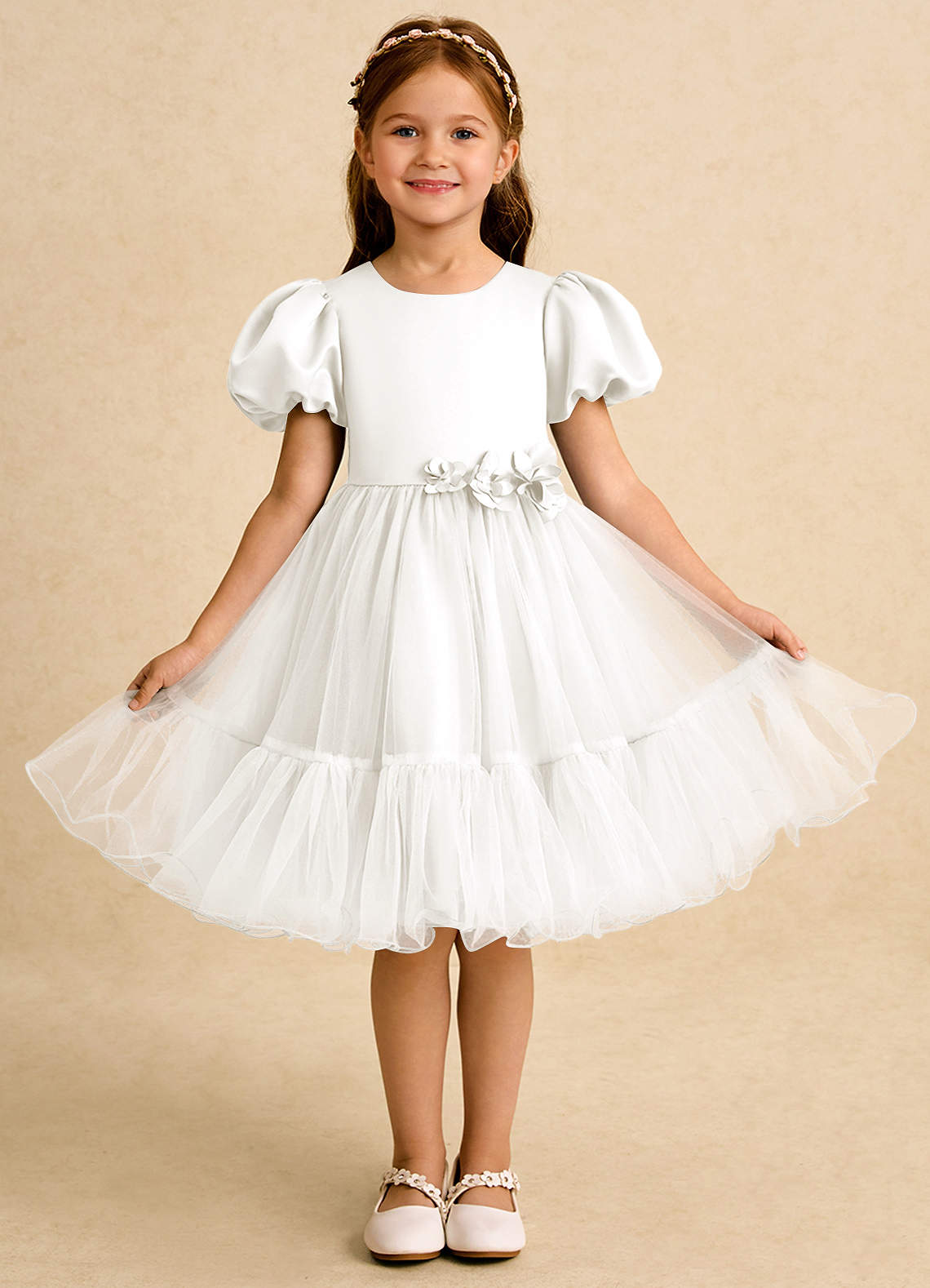 Azazie Cocoa Abiti da Ragazza di Fiori Abito Principessa in Tulle Plissettato Avorio image1