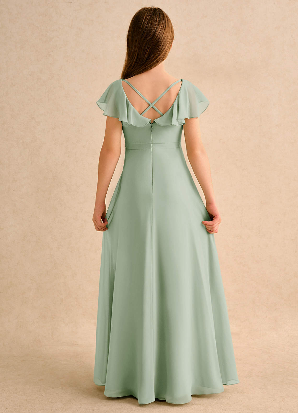 Azazie Nari Girls Formal Vestidos de florista Vestido Dusty Sage de Chiffon de Linha A com com Mangas image6