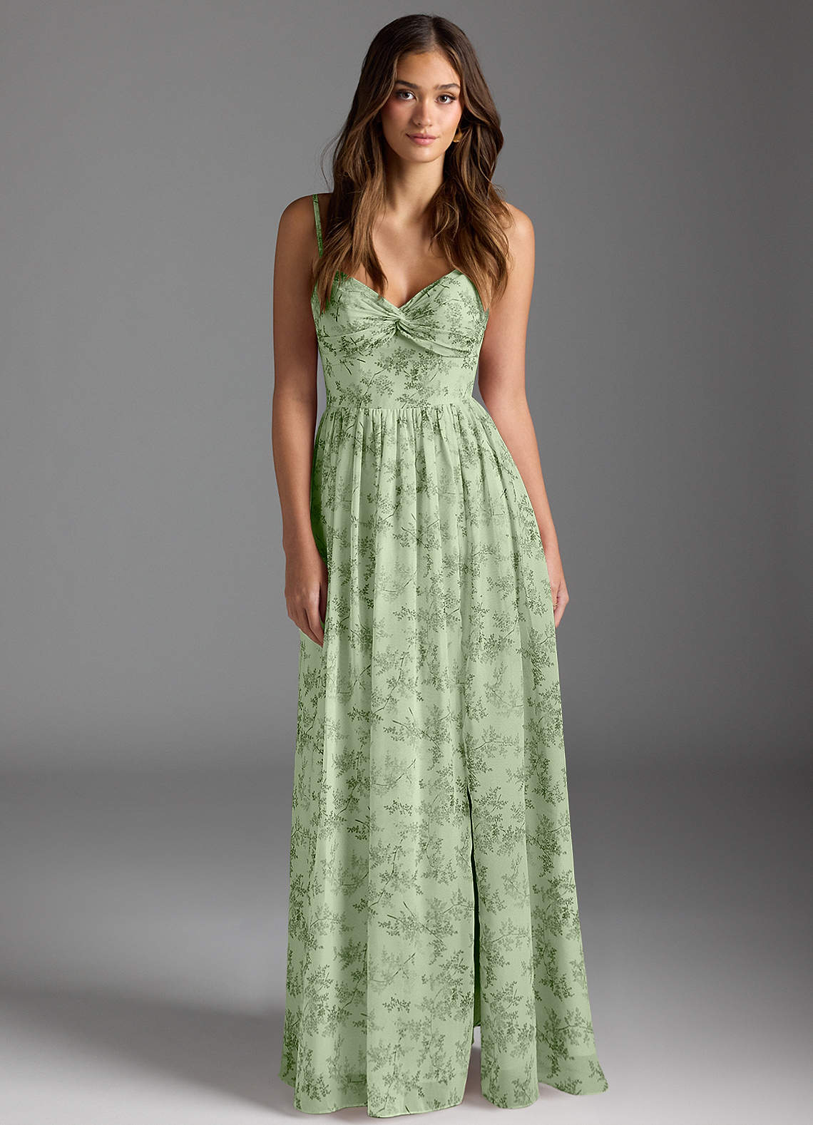green emerald velvet dress Zapaka Women Grey Green Printed Flower Bridesmaid Dress with Slit Square Neck Chiffon Wedding Guest Dress, Dusty Sage / US20W main image 1