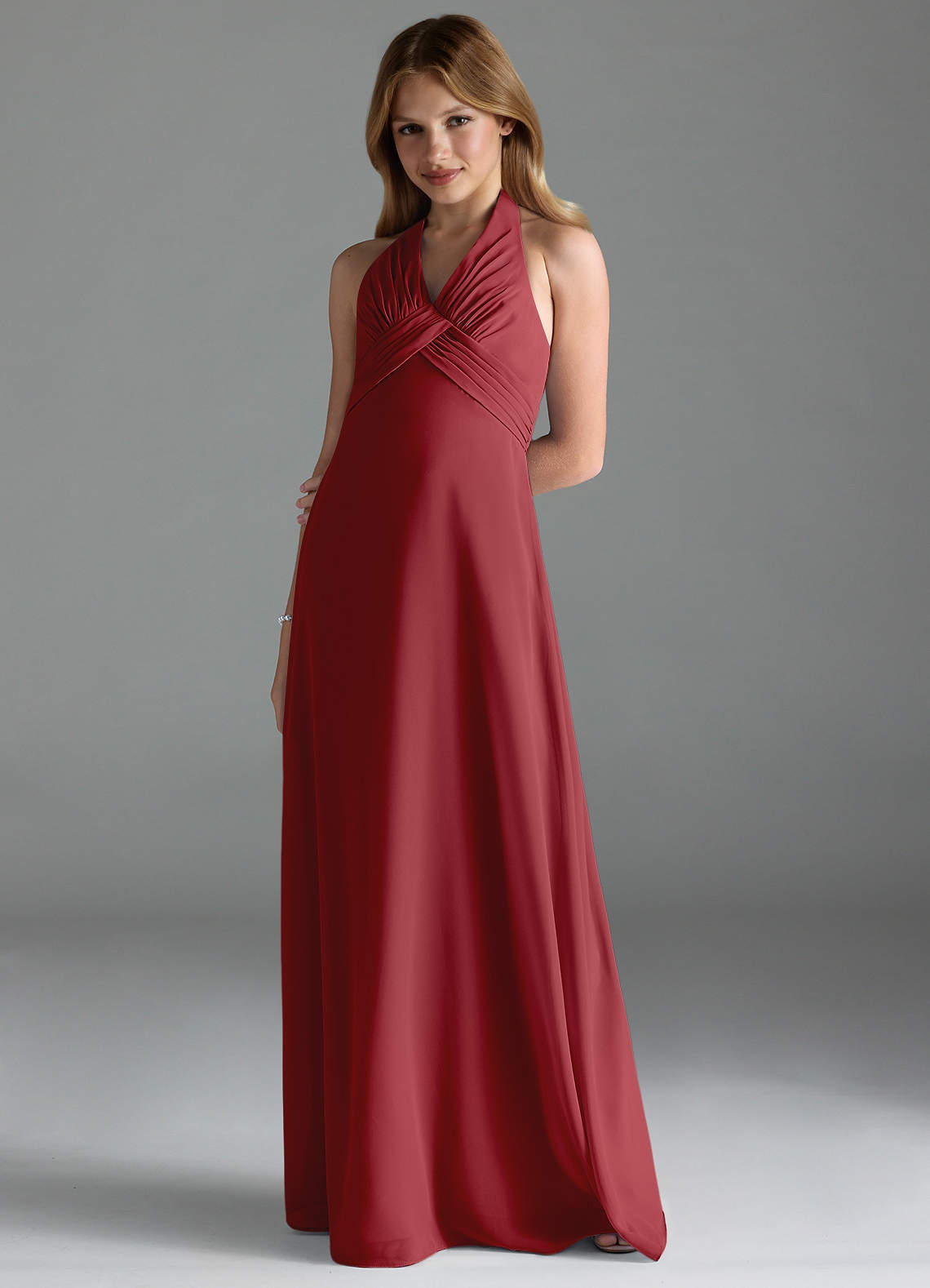 Azazie Tessie Junior A-Linie Plissee Chiffon Kleid Granatapfelrot image1