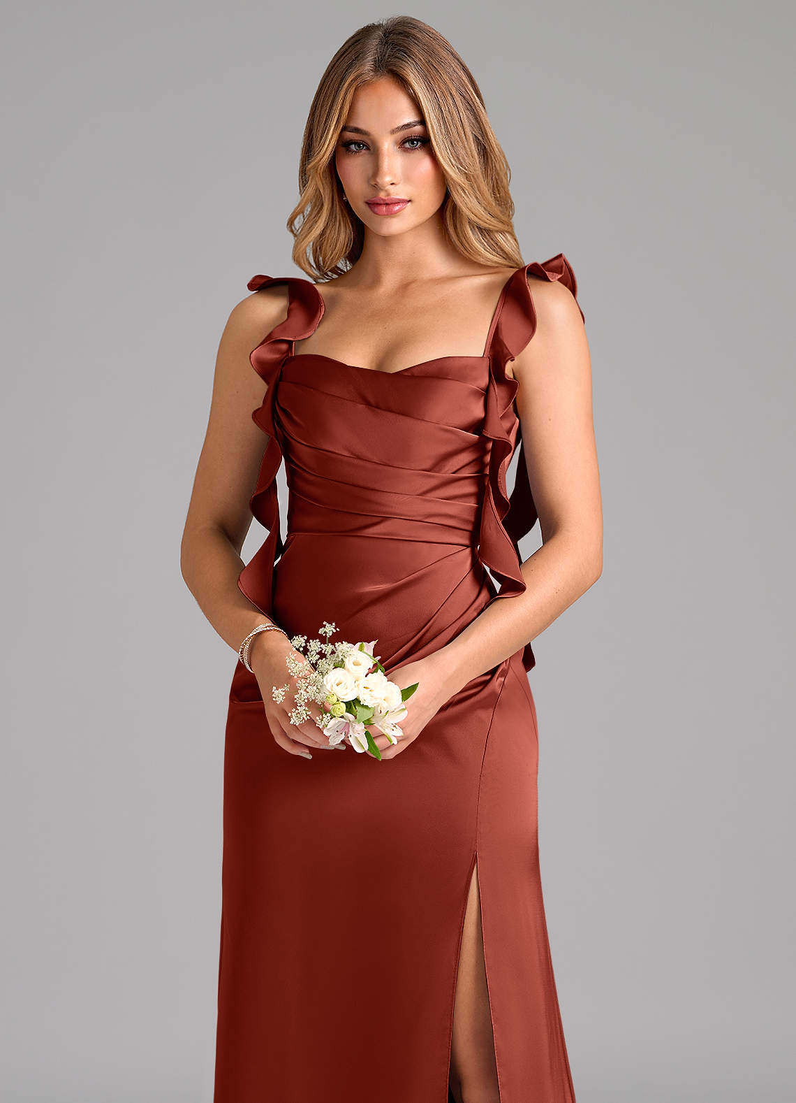 Azazie Jessamine Robes de demoiselle d'honneur Robe Fourreau en Satin extensible Corset Terracotta image6
