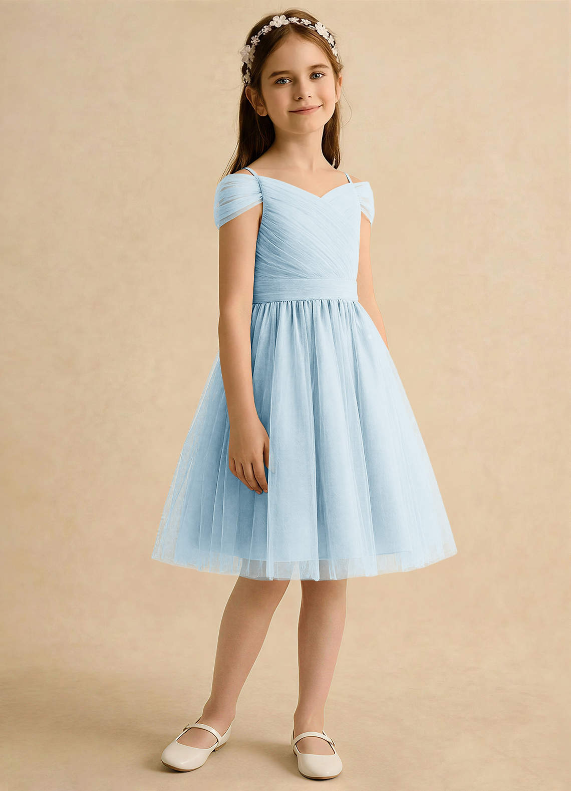 Azazie Lila Girls Formal Flower Girl Dresses Sky Blue A-Line Off the Shoulder Tulle Dress image4