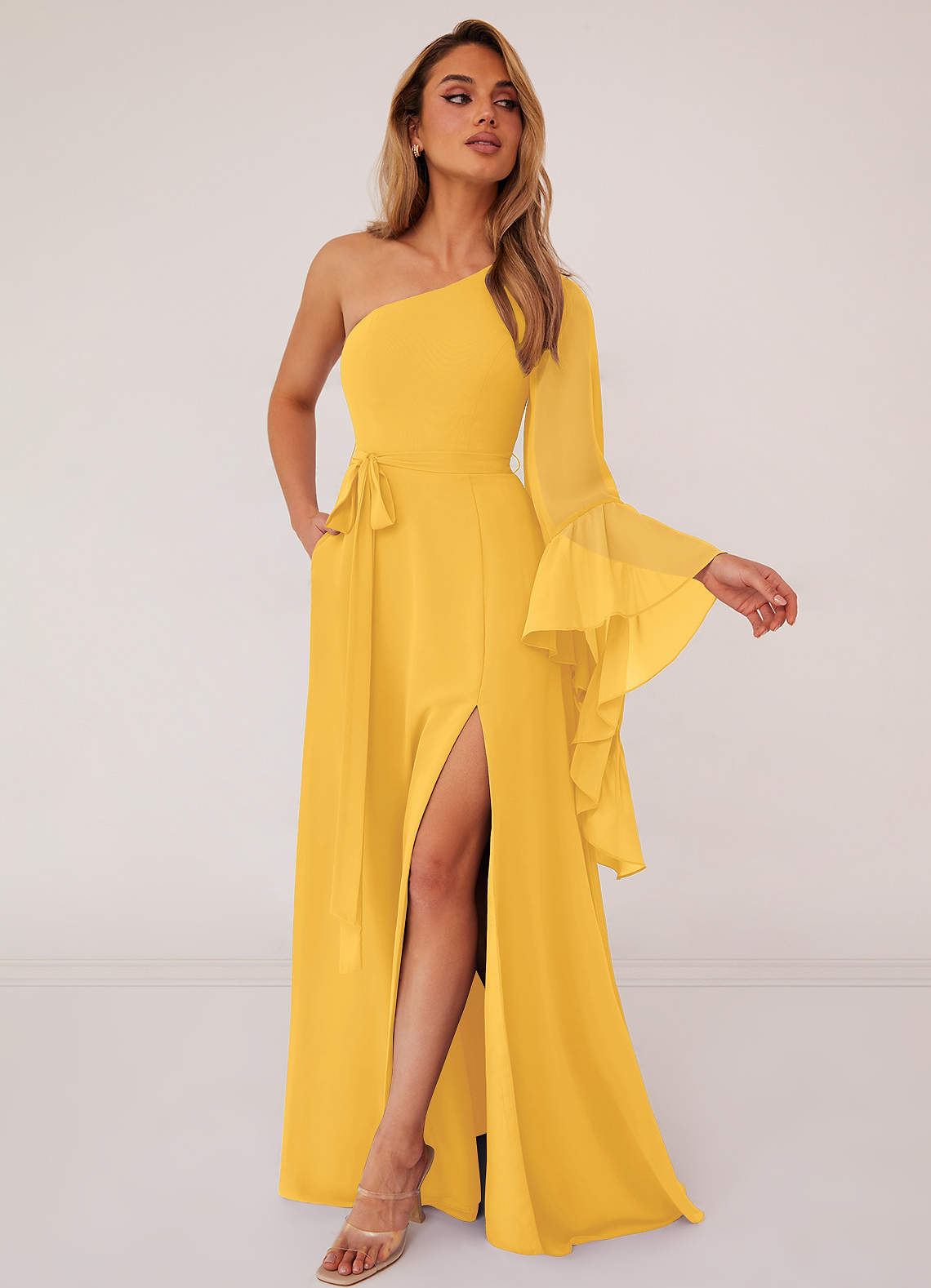 Marigold One Shoulder Sleeve Chiffon A-Line Dress Bridesmaid Dresses ...