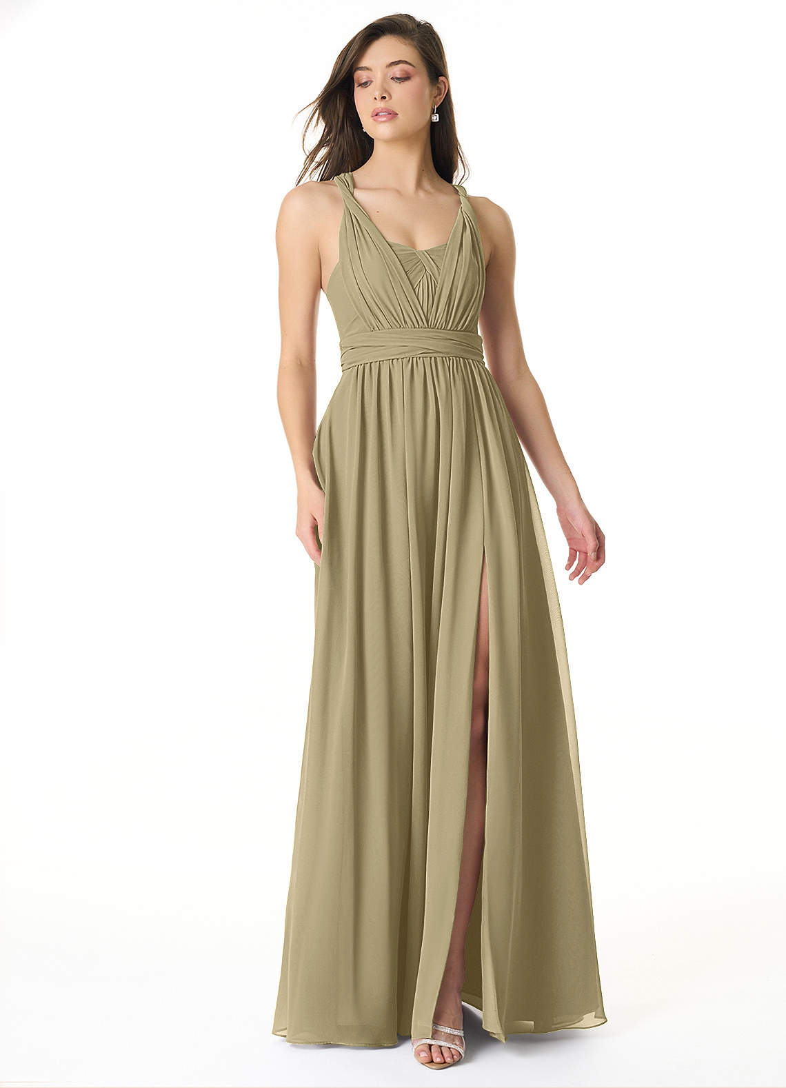 Azazie Olani Bridesmaid Dresses Moss Green A-Line Off the Shoulder Chiffon Convertible Dress image1